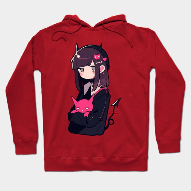 Anime-Style Cute Black and Pink Demon Girl Hoodie by Chromatic Currents